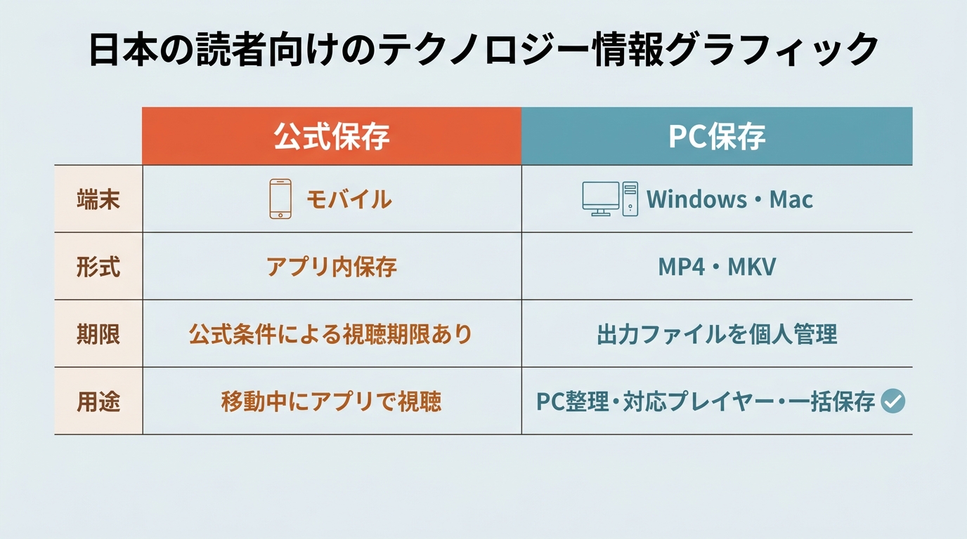 ABEMA公式保存とBBFly PC保存の端末、形式、期限、用途の違い