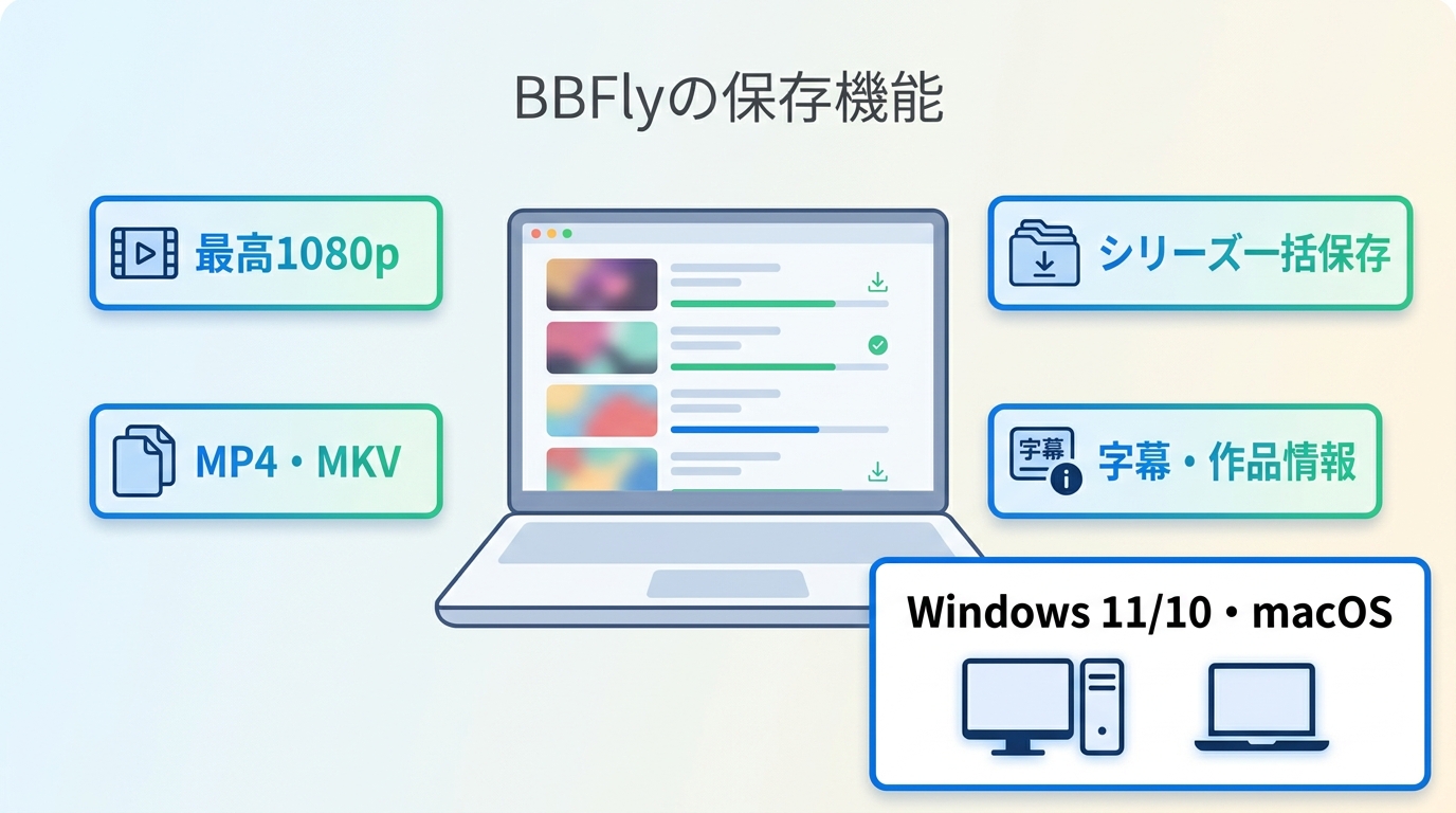 BBFlyの1080p、MP4・MKV、一括保存、字幕、Windows・macOS対応機能