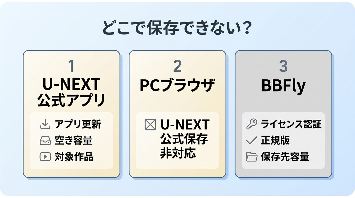 U-NEXT公式アプリ、PCブラウザ、BBFly別のダウンロード問題確認手順