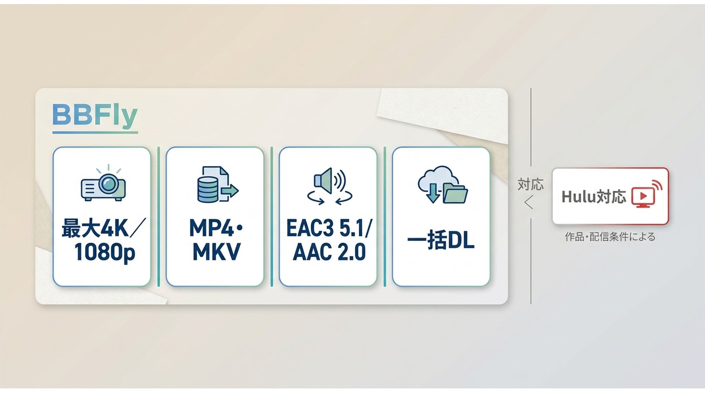 BBFlyの最大4K、MP4・MKV、音声形式、一括ダウンロード仕様