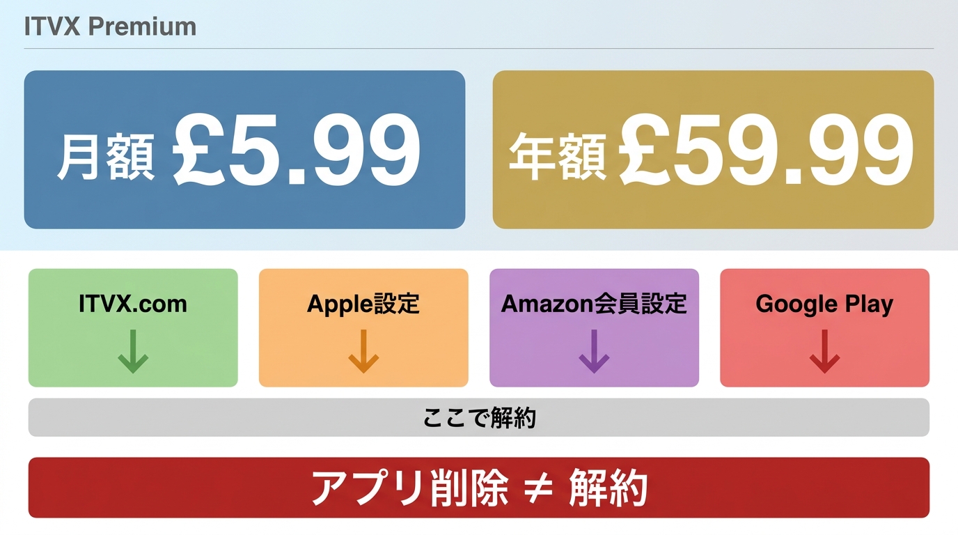 ITVX Premiumの月額・年額料金と契約元別の解約先