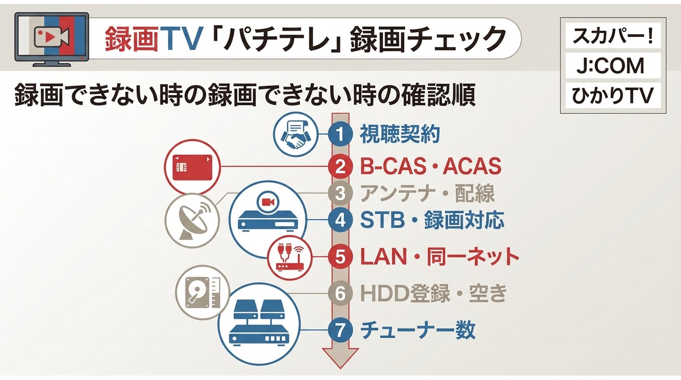 パチテレを録画できないときの契約、配線、STB、HDDの確認順序