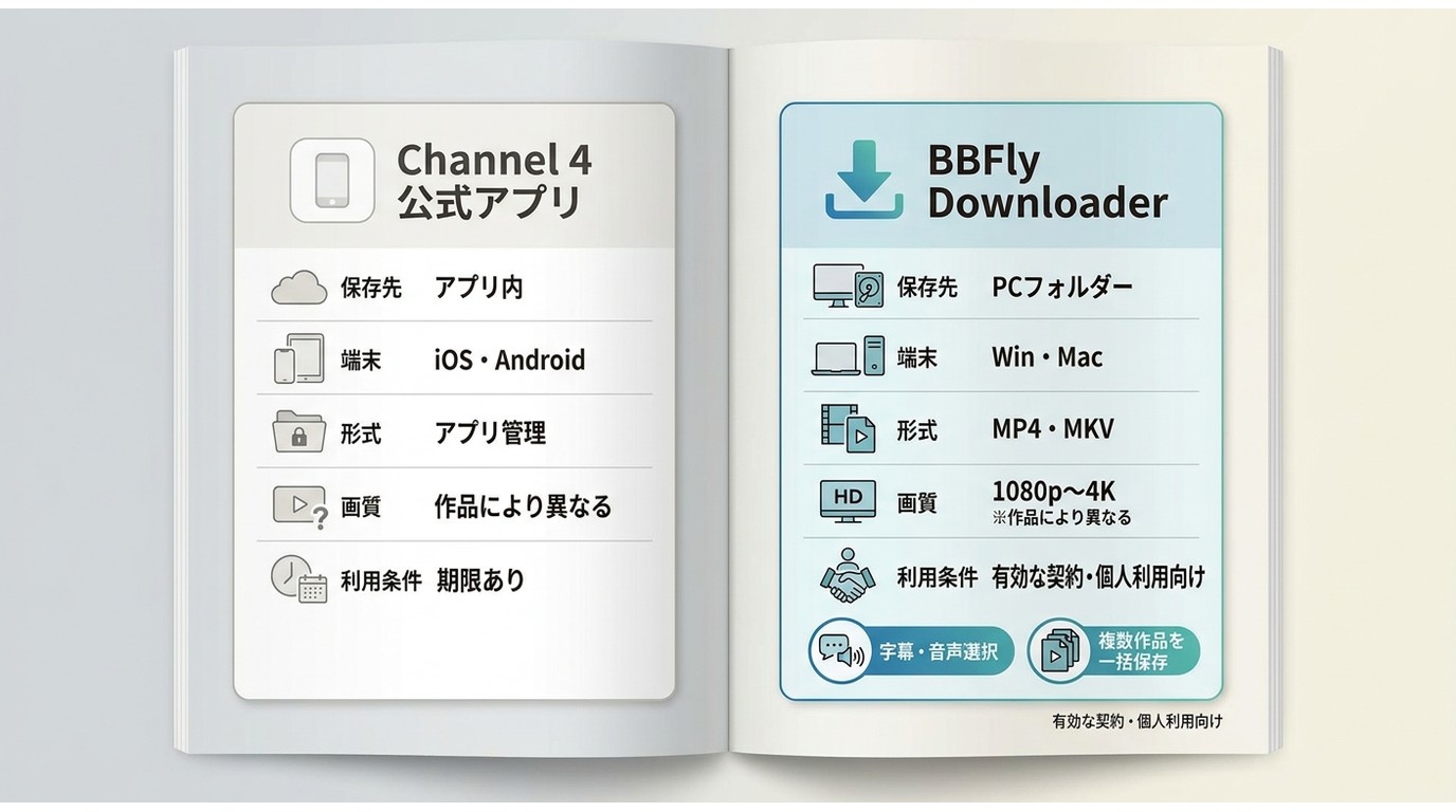 Channel 4公式アプリとBBFlyの保存先、端末、形式、期限の比較