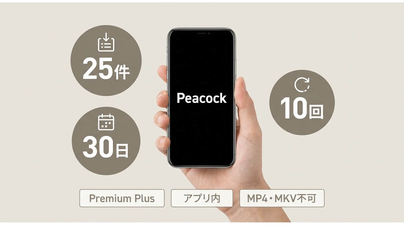 Peacock公式ダウンロードの最大25件、30日期限、再取得10回の制限