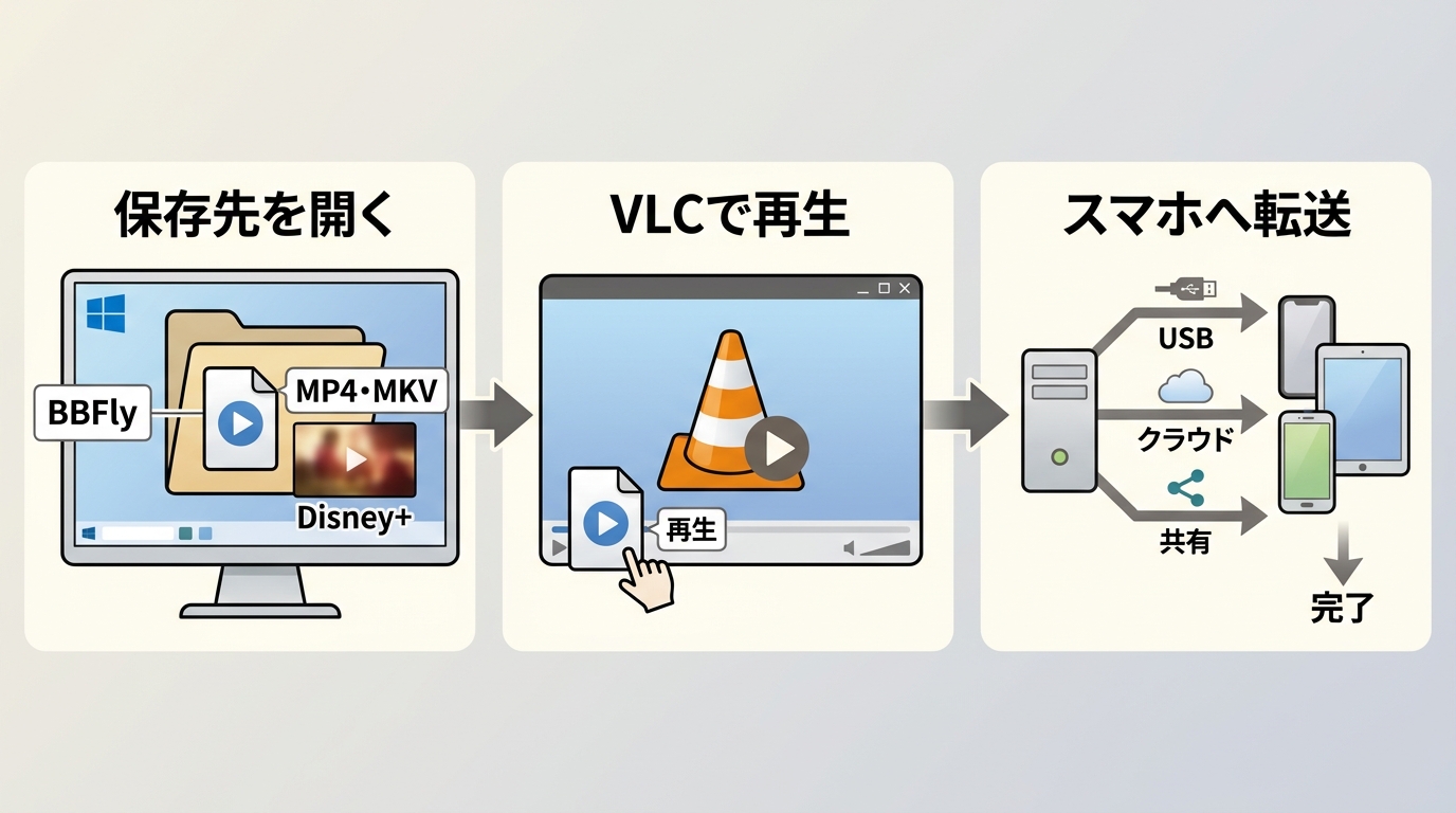 BBFlyの保存動画をVLCで再生し、iPhoneやAndroidへ転送する手順