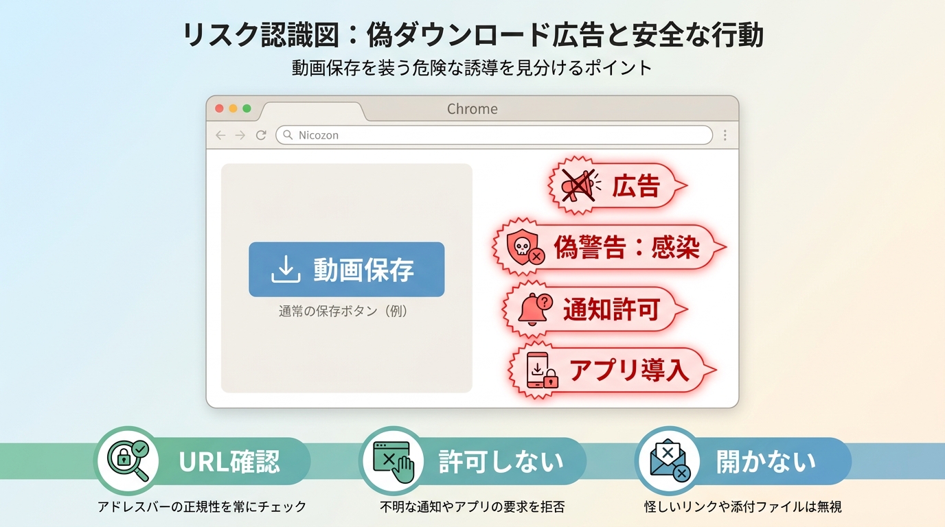Nicozon利用時に注意する偽ダウンロード広告、感染警告、通知やアプリ導入要求