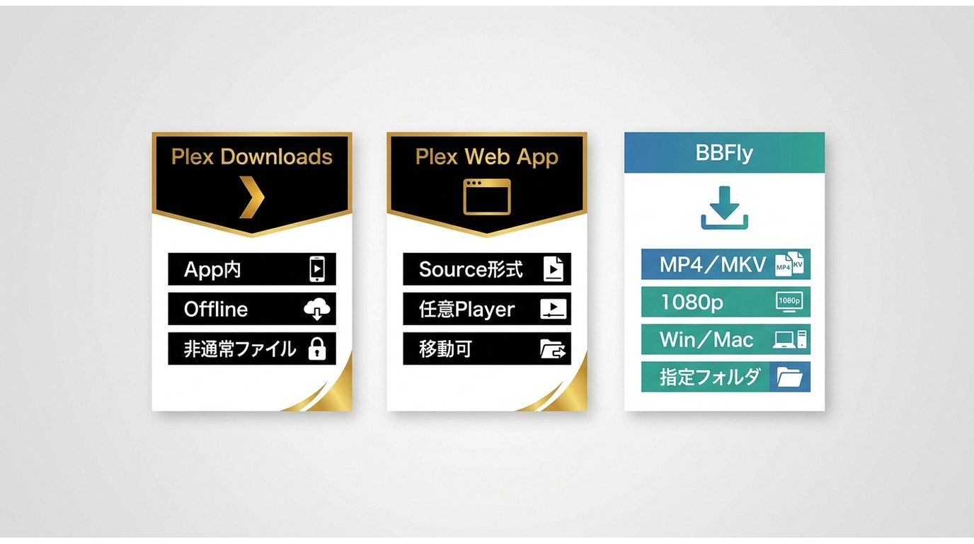 Plex公式Downloads、ソース取得、BBFlyの保存形式と再生場所の違い