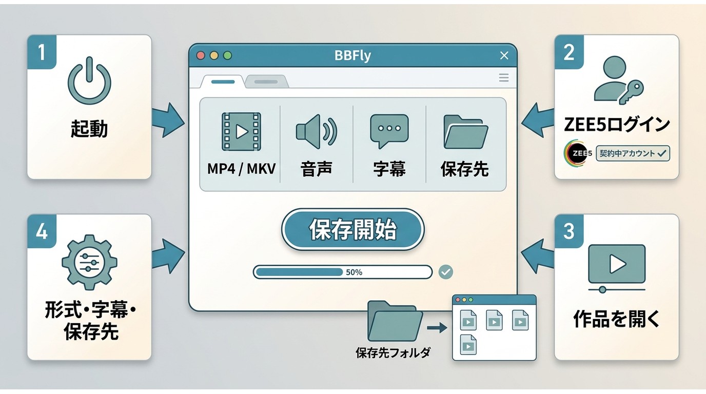 BBFlyでZEE5作品の形式、字幕、保存先を設定してPCへ保存する流れ