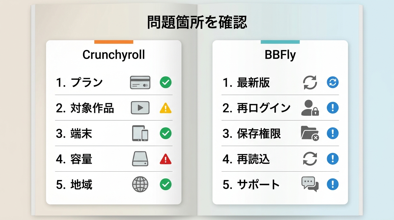 Crunchyroll公式アプリとBBFlyでダウンロードできない場合の確認手順