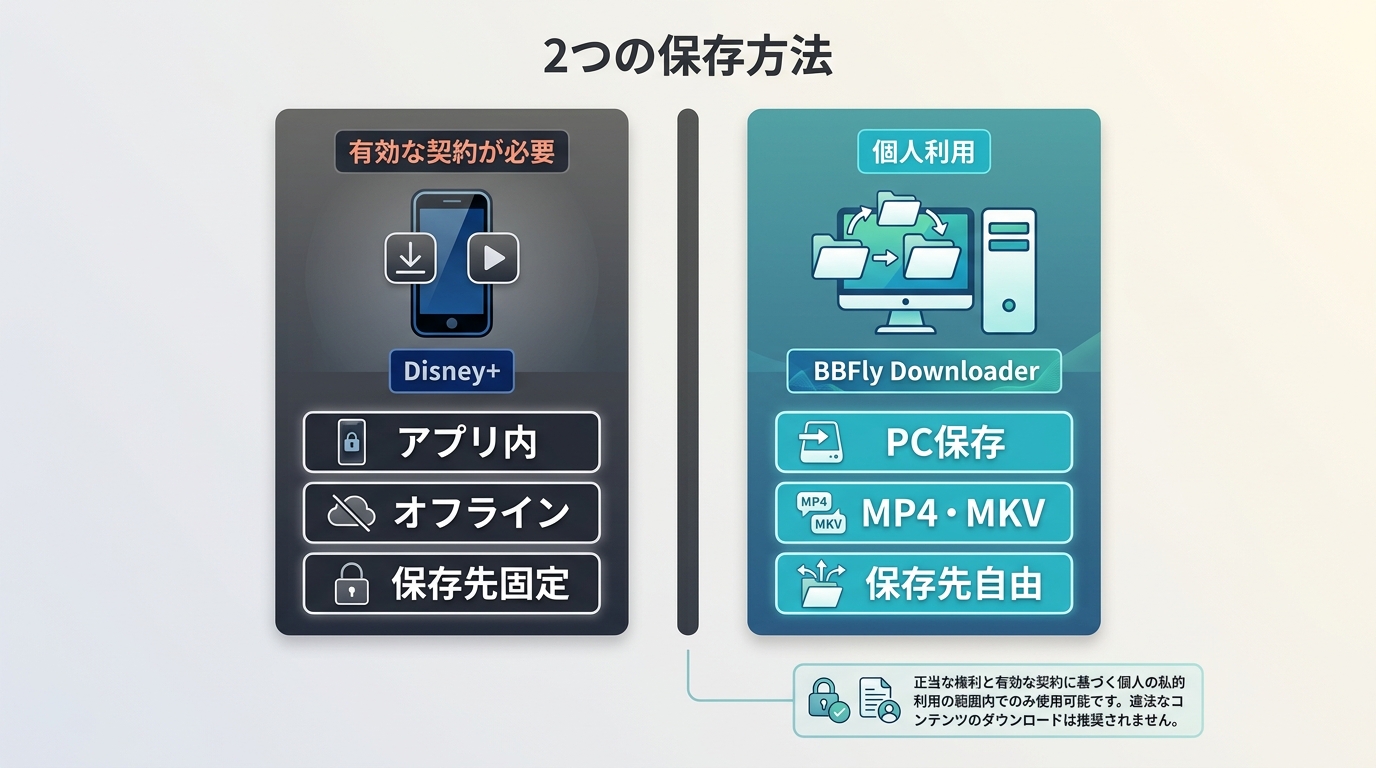 Disney+のアプリ内保存とBBFly DownloaderによるPCファイル保存の違い