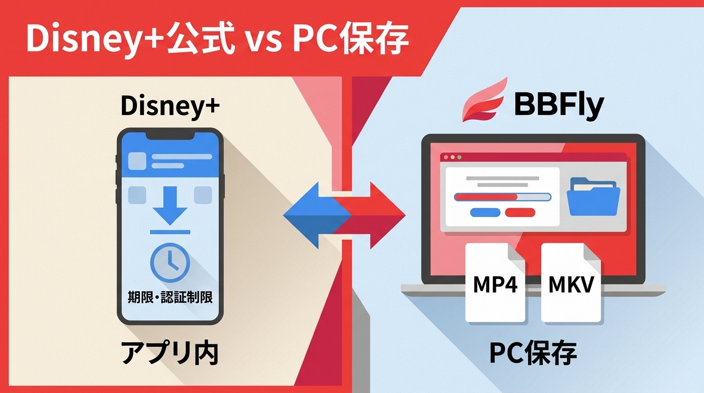 Disney+公式ダウンロードとPC保存の違い｜保存先・制限・BBFlyの対応仕様