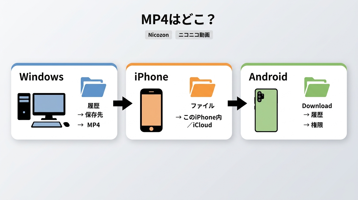 Windows、iPhone、AndroidでNicozon保存後のMP4を探す場所と確認順序