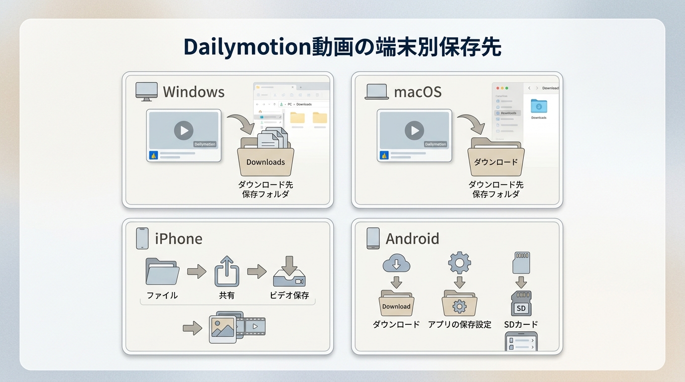 Dailymotion動画の保存先をWindows、macOS、iPhone、Android別に整理