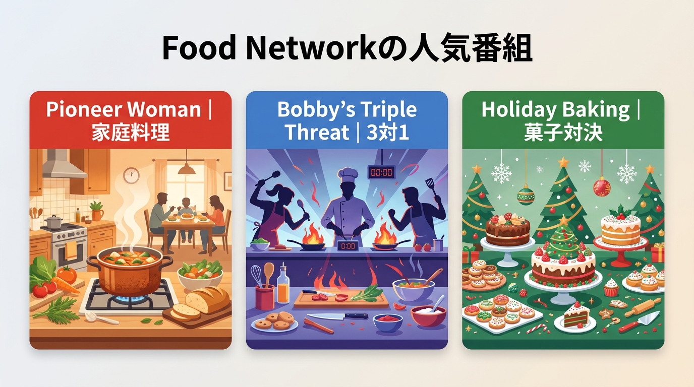 Food Networkの代表3番組と家庭料理・料理対決・菓子作りという特徴