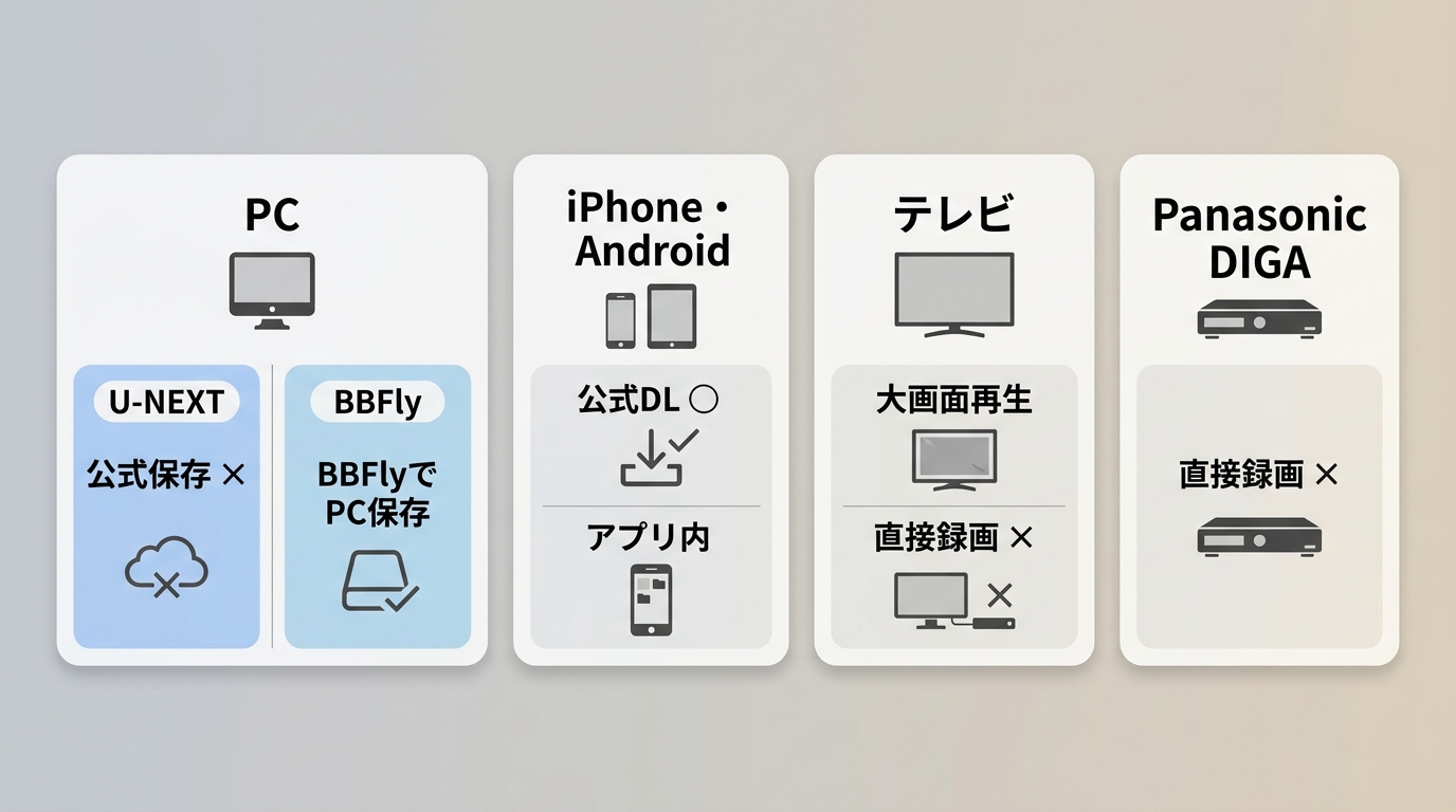 U-NEXTのPC、スマホ、テレビ、ディーガ別の録画・保存可否