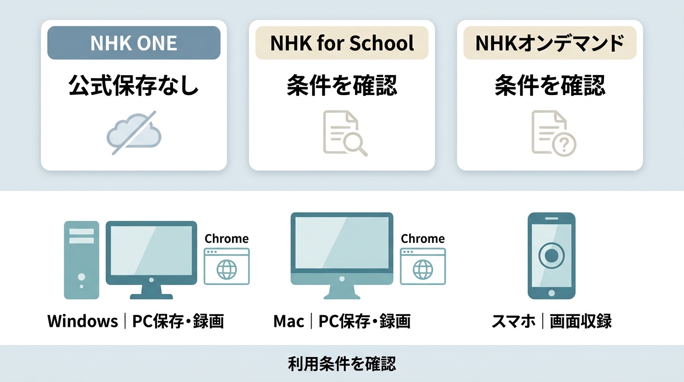 NHK ONEなどのサービス区分とWindows、Mac、スマホ別の保存手段