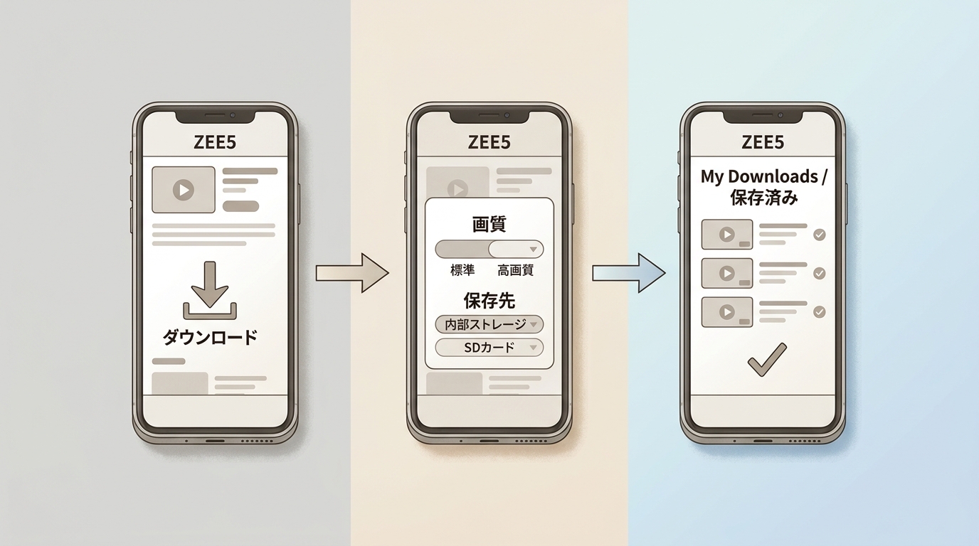 ZEE5アプリで作品をダウンロードし、保存済み一覧から確認する手順