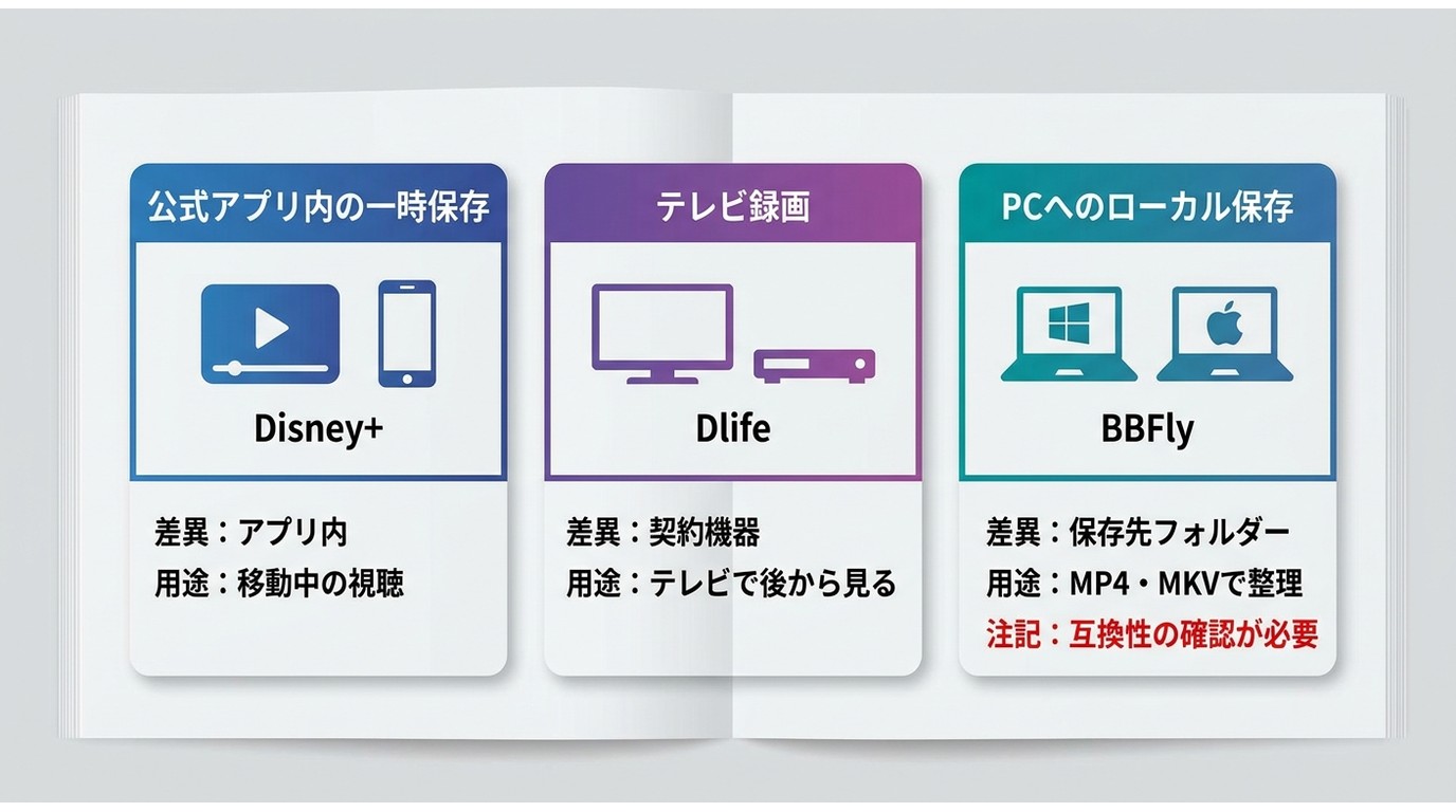 Disney+の一時保存、Dlifeのテレビ録画、BBFlyのPC保存の違い