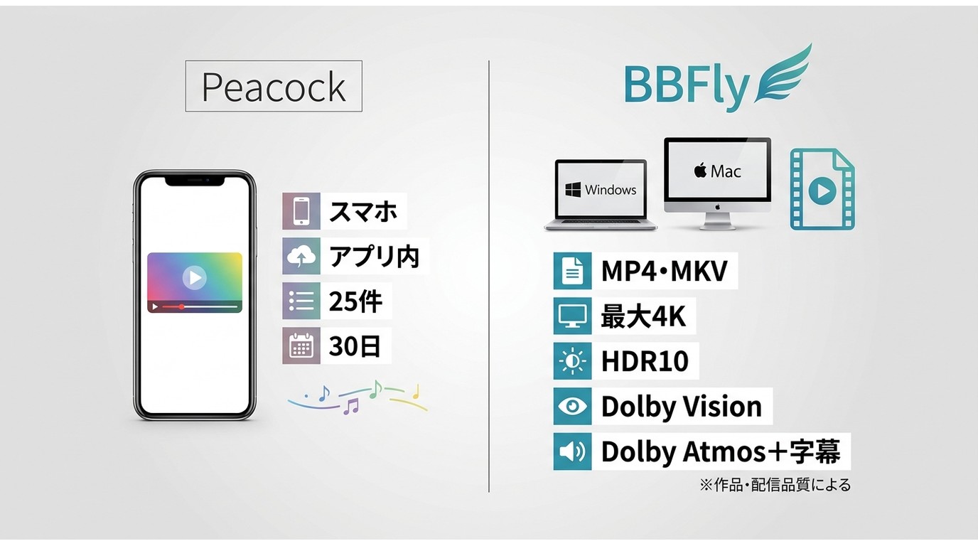 Peacock公式アプリとBBFlyの保存先、期限、形式、最大4Kの違い