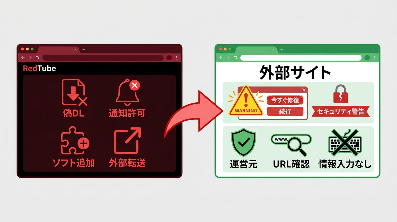 RedTube無料保存サイトで避ける偽ボタン、通知許可、不要ソフト導入の例