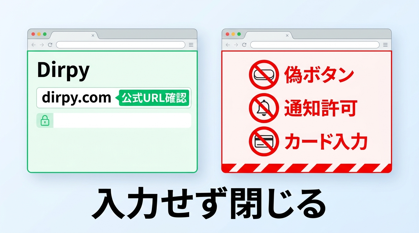 Dirpy公式URLと偽ボタン、通知許可、カード情報要求を見分けるポイント