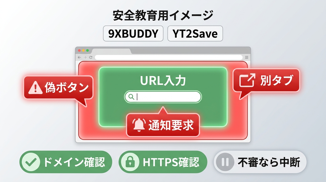 9XBUDDYやYT2Save利用時に偽ボタン、通知要求、別タブを見分けるポイント