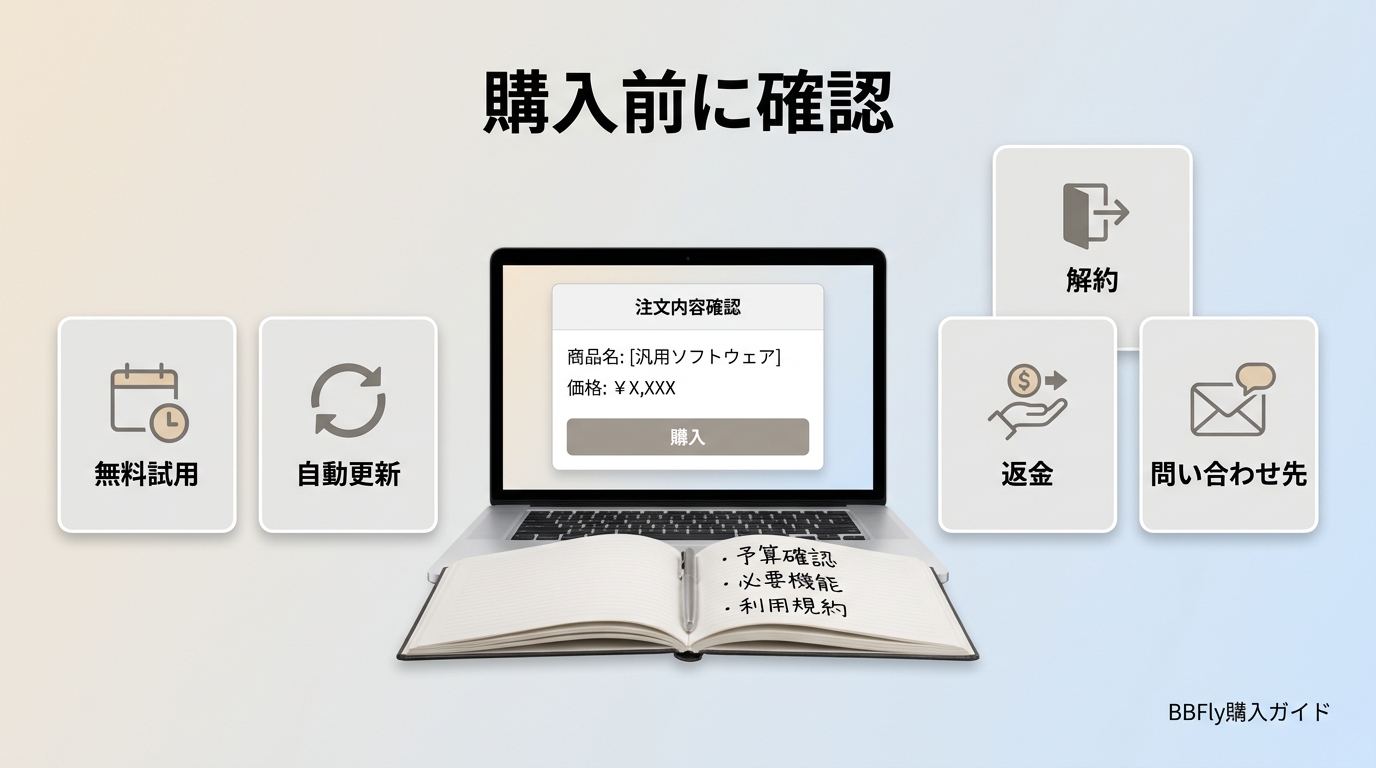 BBFly購入前に確認する無料試用、自動更新、解約、返金、問い合わせ先