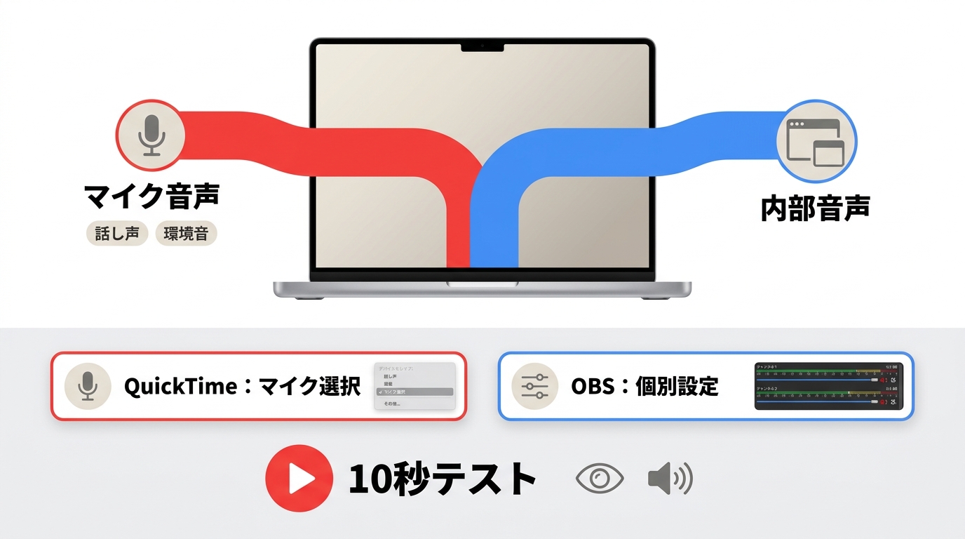 Macのマイク音声と内部音声の経路、および10秒テストの確認点