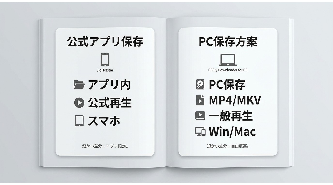 JioHotstar公式保存とBBFly Hotstar Downloaderの保存先や再生方法の違い