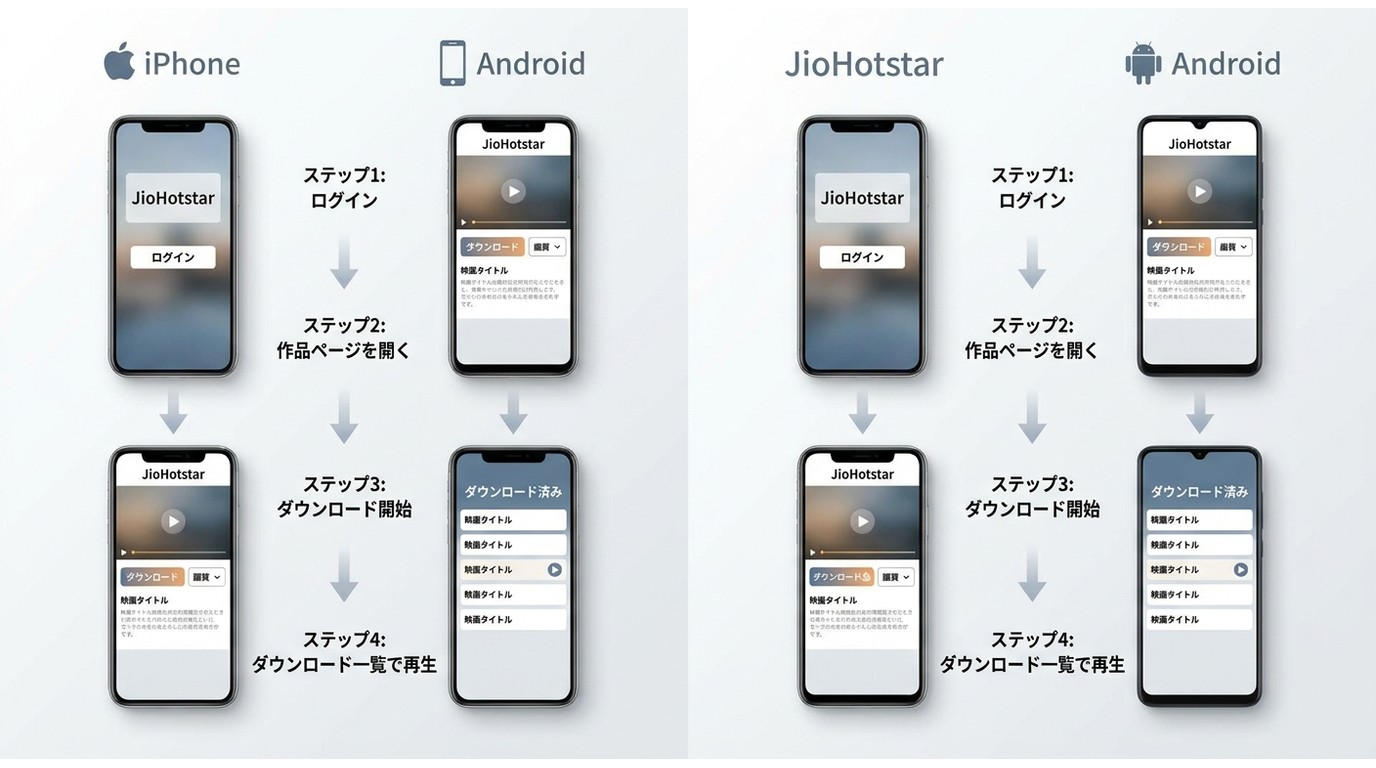 iPhoneとAndroidでJioHotstar作品をアプリ内保存して再生する流れ