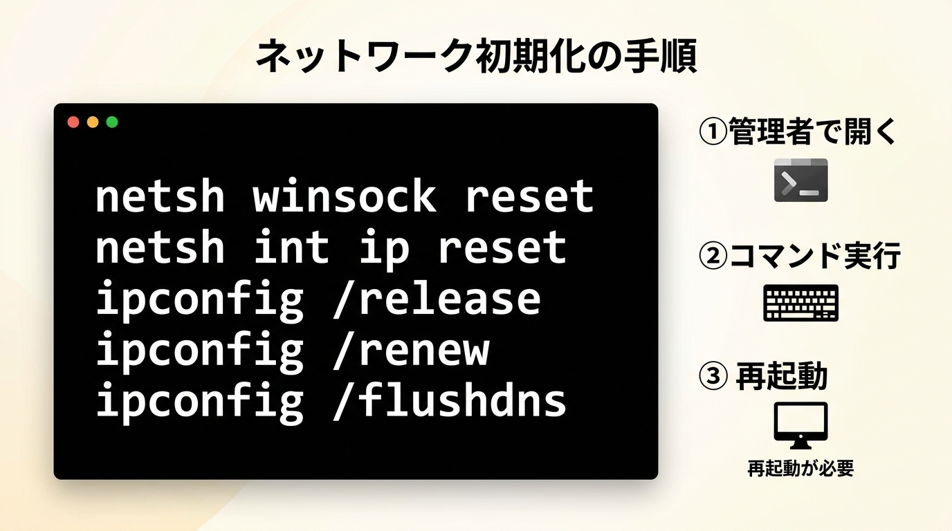 Windows 11で管理者ターミナルからネットワーク初期化コマンドを実行する画面