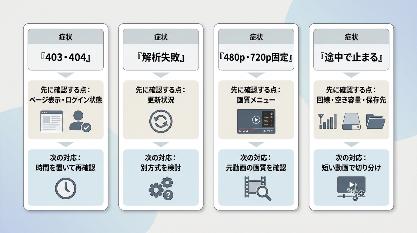 403・404、解析失敗、低画質、停止時の確認点と次の対応