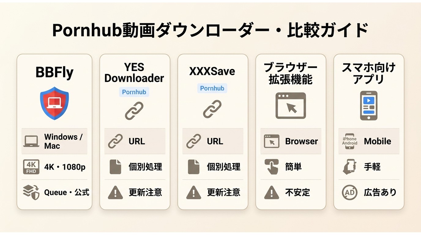 BBFly、YES Downloader、XXXSave、拡張機能、スマホアプリの違い比較