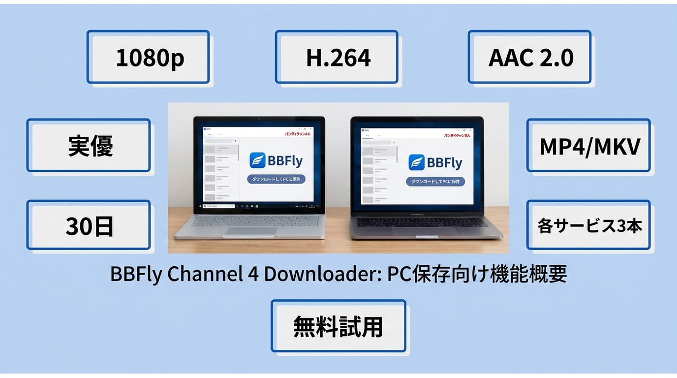 BBFlyでのバンダイチャンネルPC保存に使える形式や試用条件をまとめた図