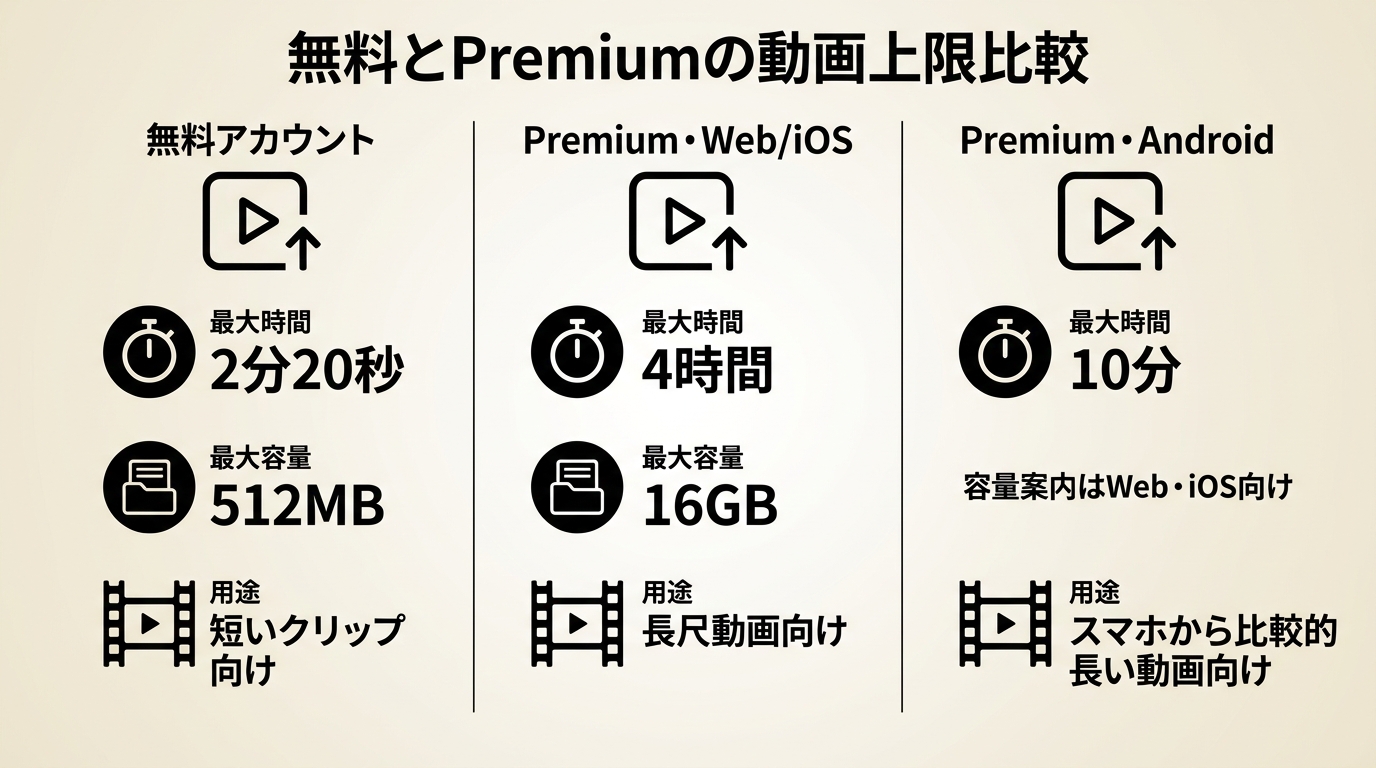Xの無料アカウントとPremiumで異なる動画の時間・容量上限の比較