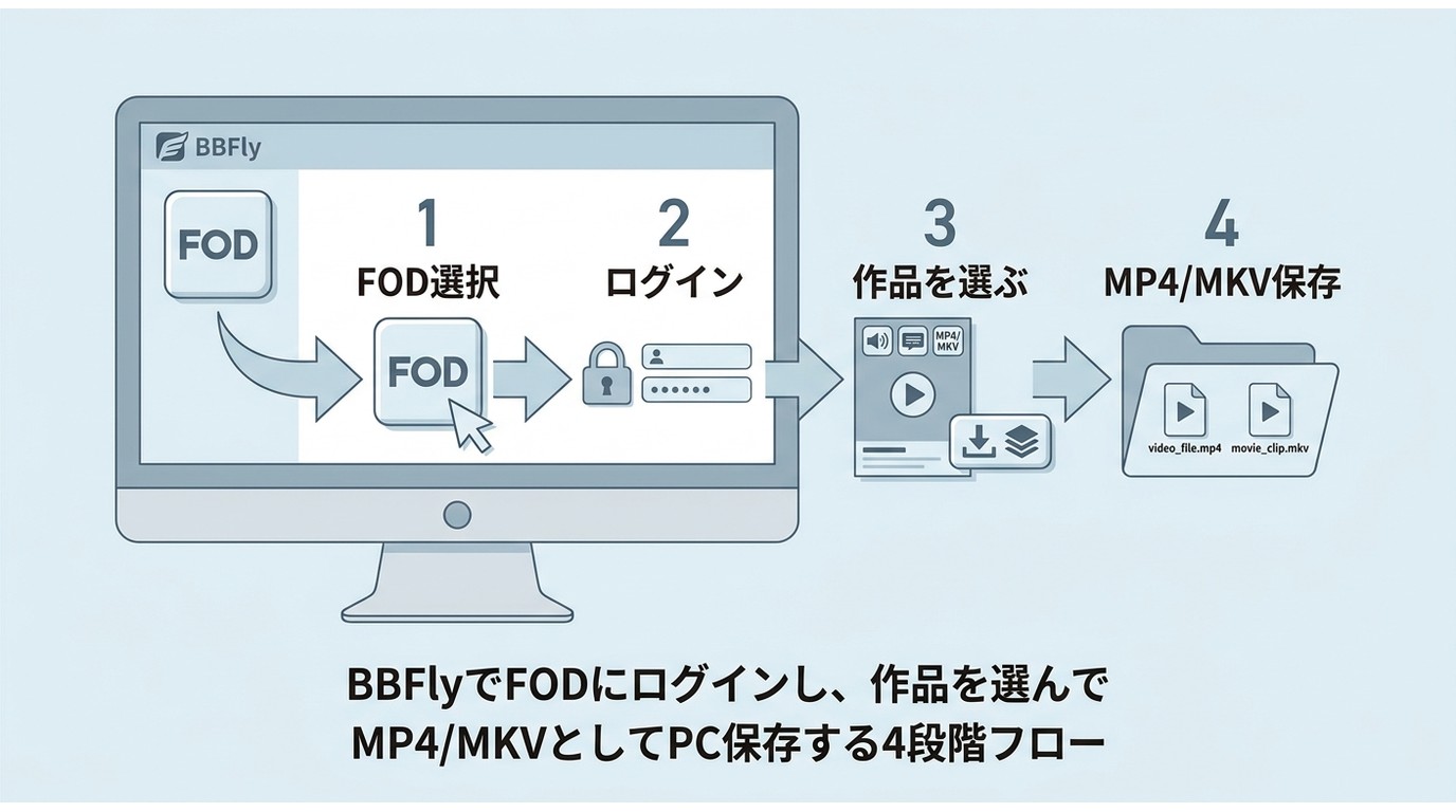 BBFlyでFOD動画をPC保存する手順の全体像