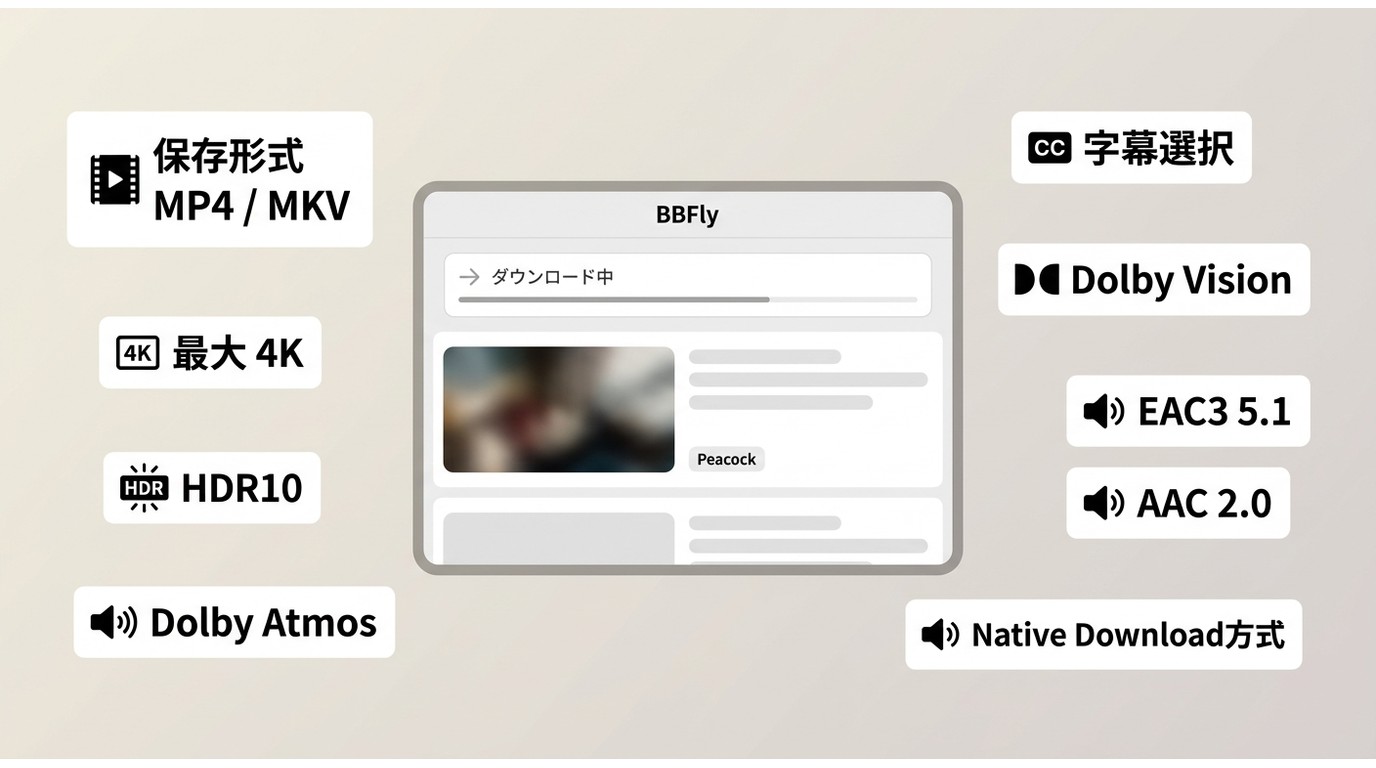 BBFly Peacock Downloaderで保存できる形式、4K、音声、字幕対応の概要
