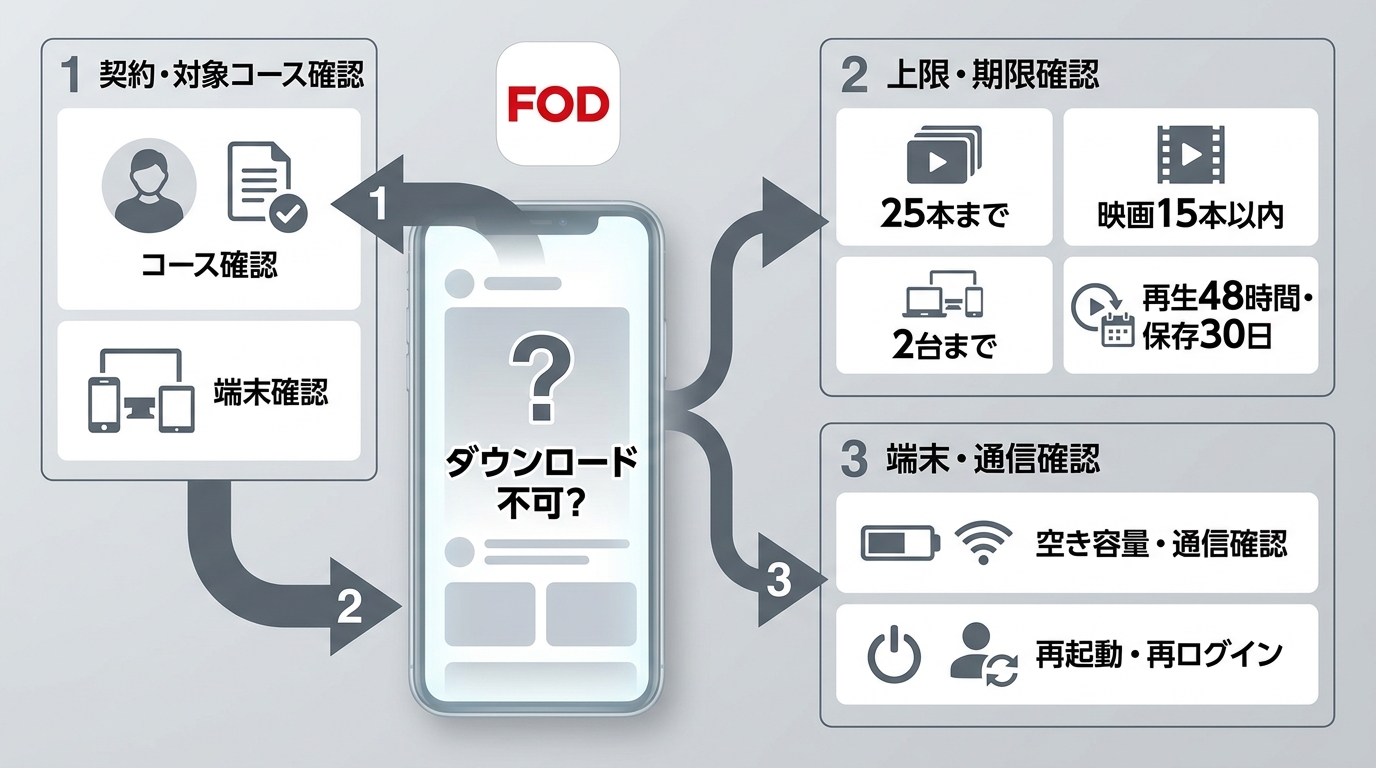 FOD公式アプリでダウンロードできない時の確認手順