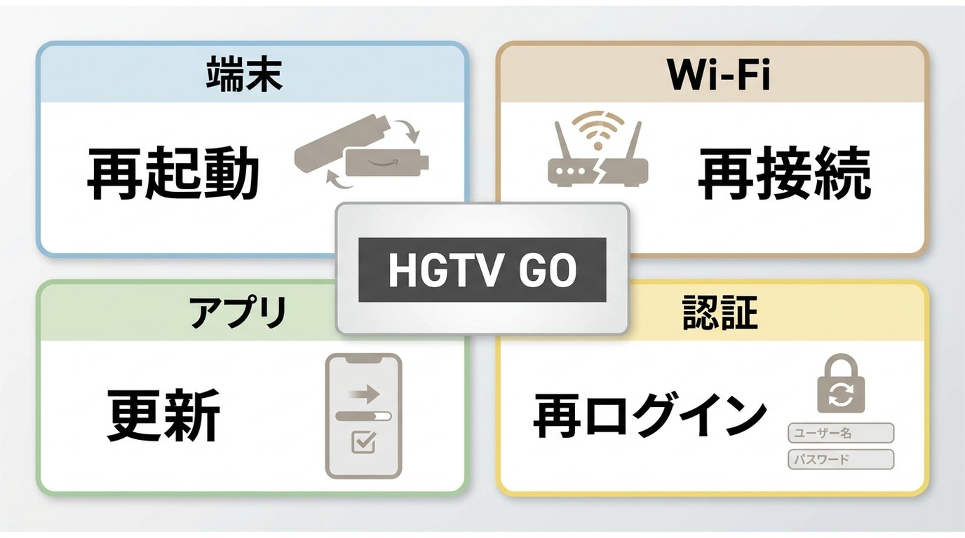 HGTV GOの再生トラブルを端末・Wi-Fi・アプリ・認証で分ける図