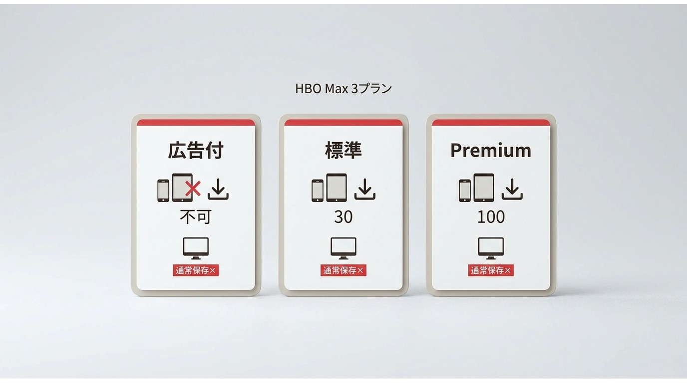HBO Maxの3プランでダウンロード可否と保存本数が異なる比較