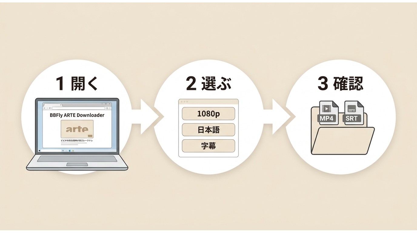 BBFlyでARTE動画を開き、設定して、保存先を確認する3ステップ