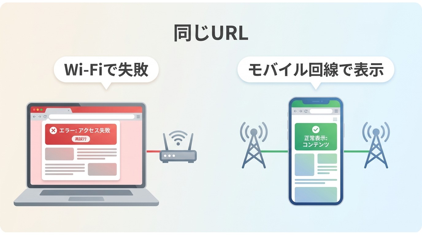 PCとAndroidでWi-Fiとモバイル回線を切り替えて比較する様子