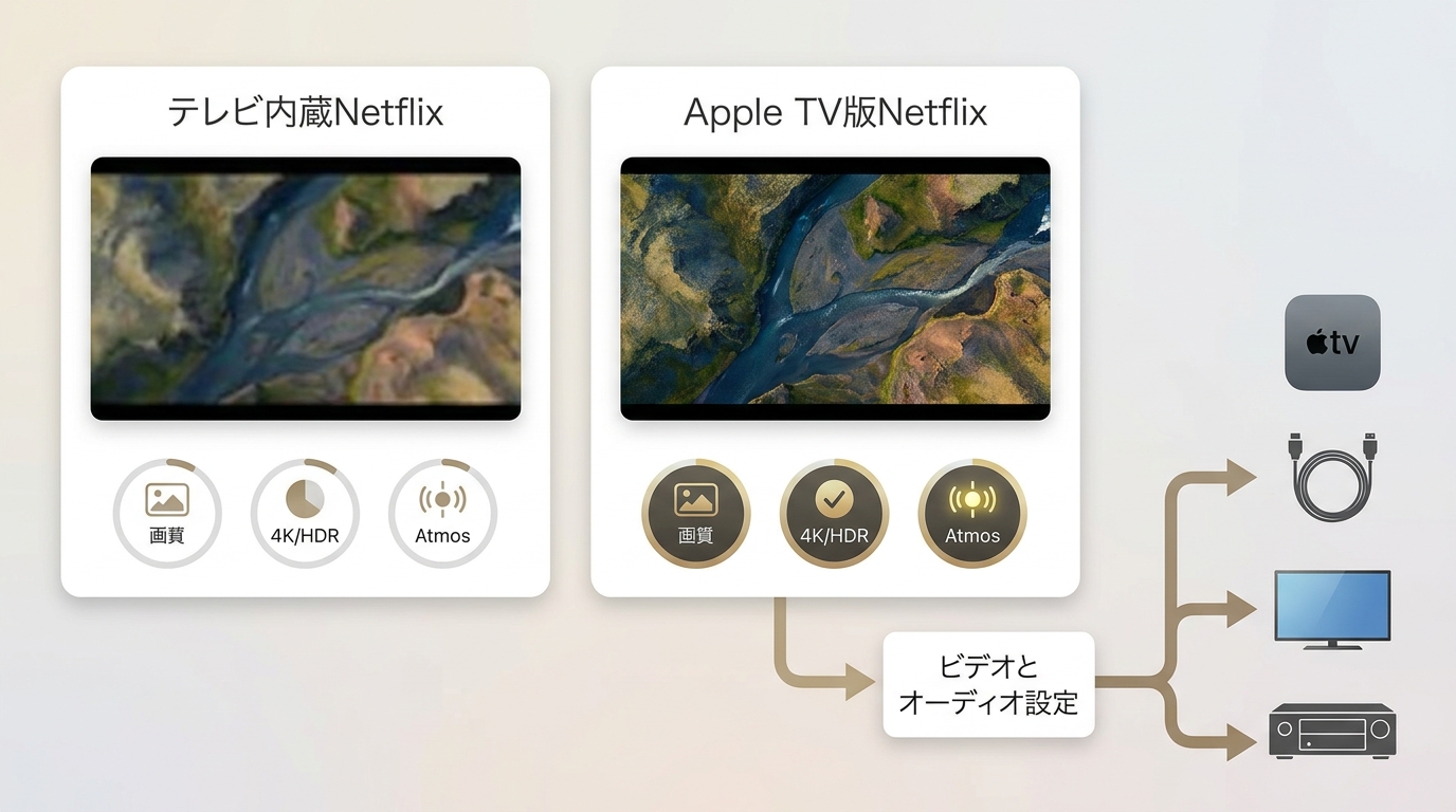 テレビ内蔵NetflixとApple TV版Netflixで画質と音声を比べる図