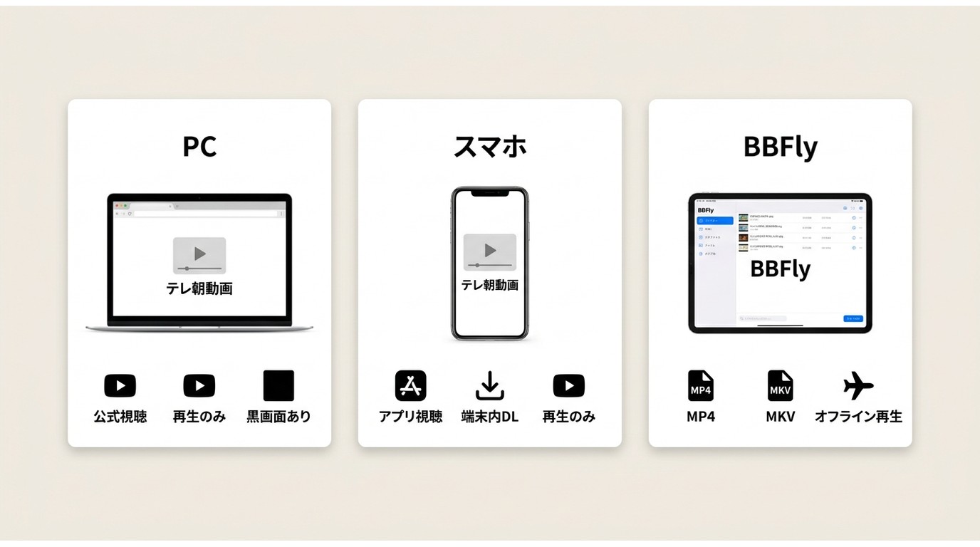 テレ朝動画をPC・スマホ・BBFly Downloaderで使う場合の違い比較
