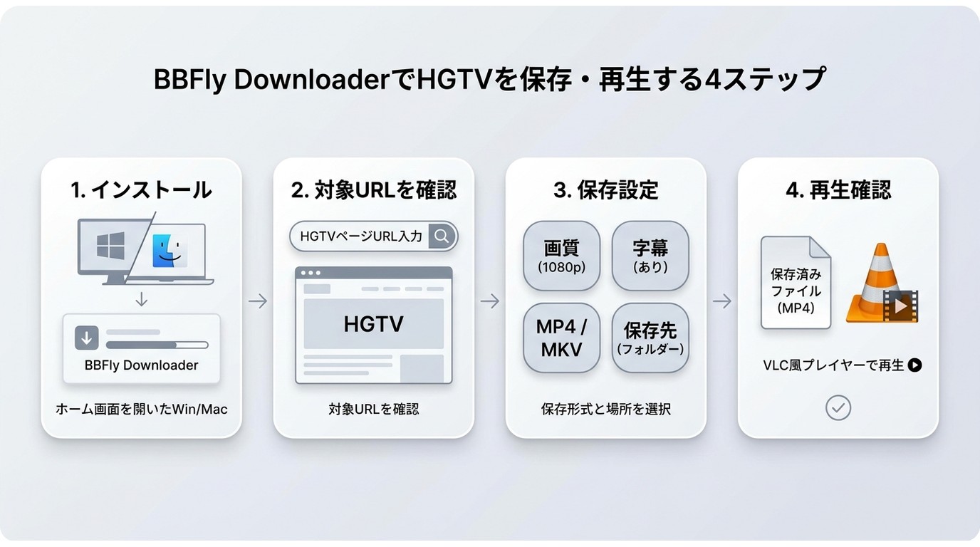 BBFly DownloaderでHGTV動画をPCに保存する4つの流れ