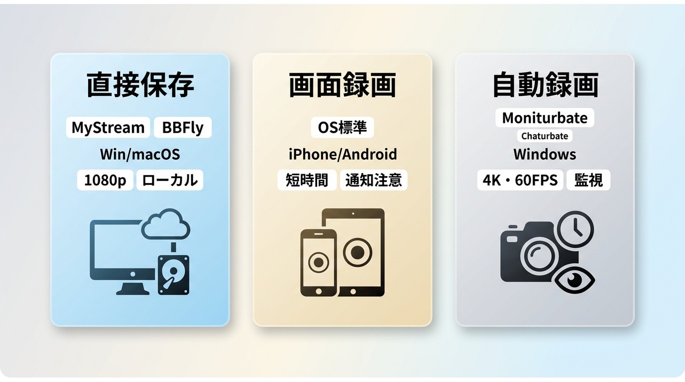 MyStream・BBFly・Moniturbateと録画方式の違いの比較
