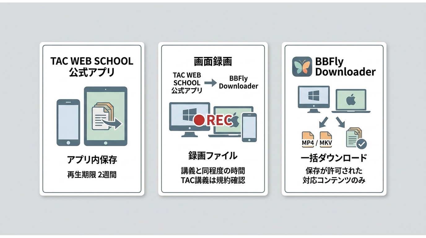 TAC公式アプリ、画面録画、BBFly Downloaderの違いを並べた比較