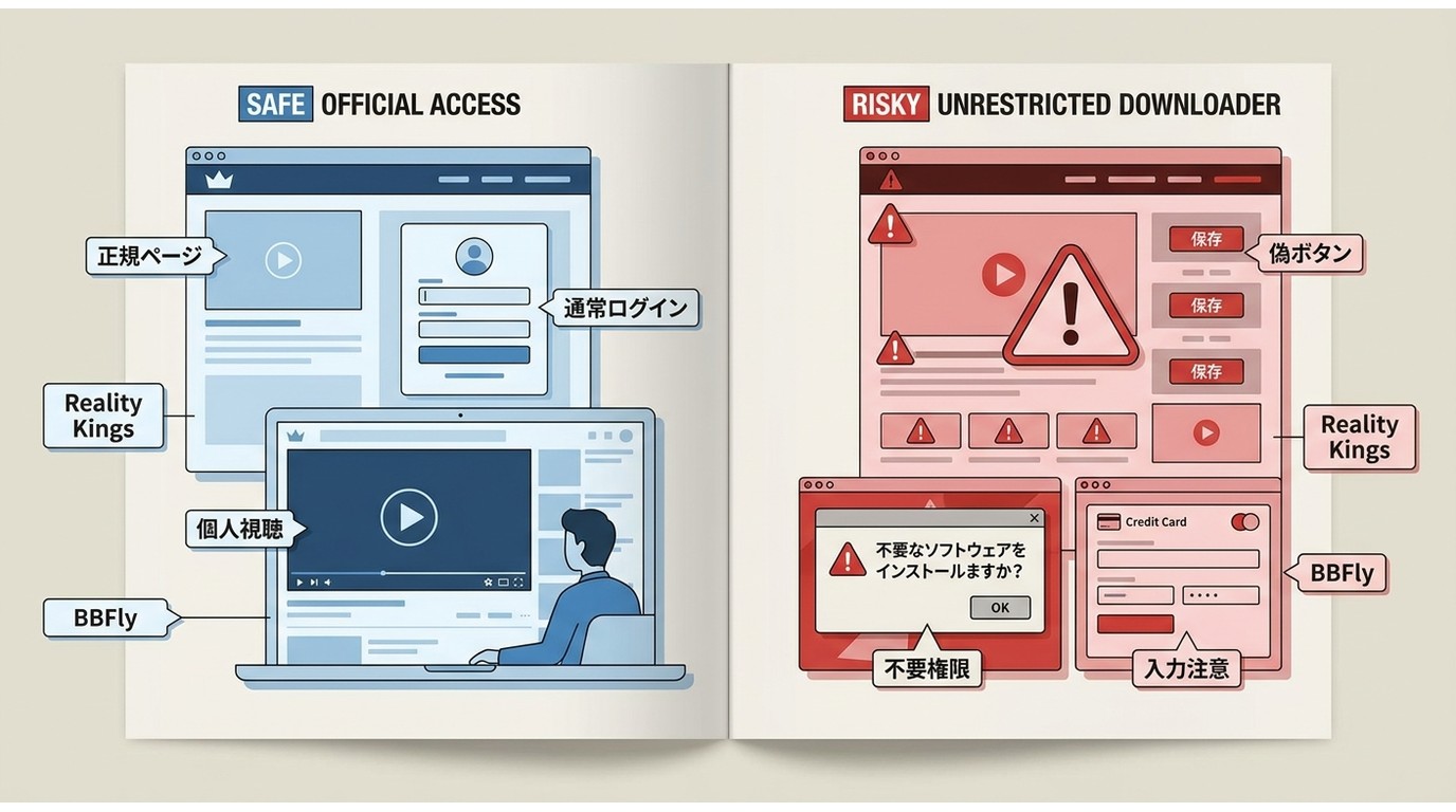 Reality Kings保存で安全な利用と偽ボタン誘導の違いを示す注意図