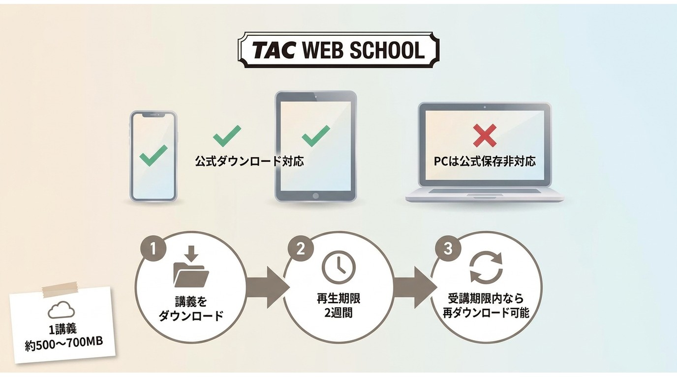 TAC WEB SCHOOLの対応端末と2週間の再生期限、PC非対応をまとめた図
