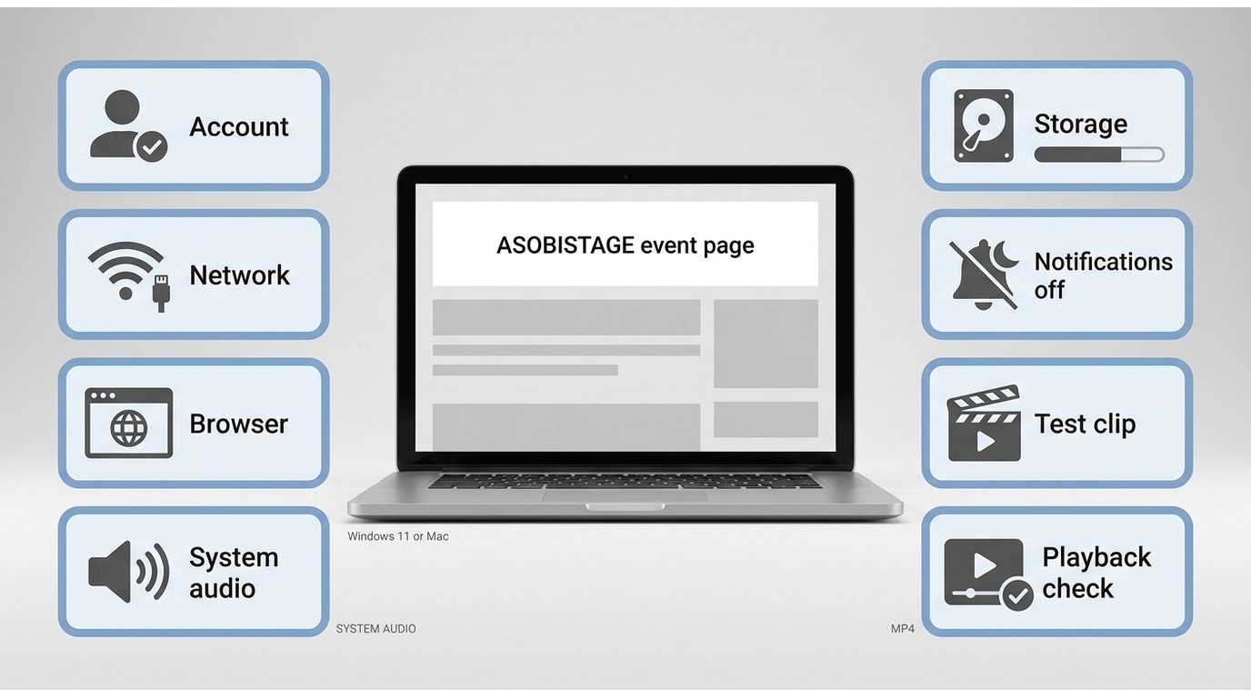 Preflight checklist for an ASOBISTAGE event covering account, network, audio, storage, and test reco